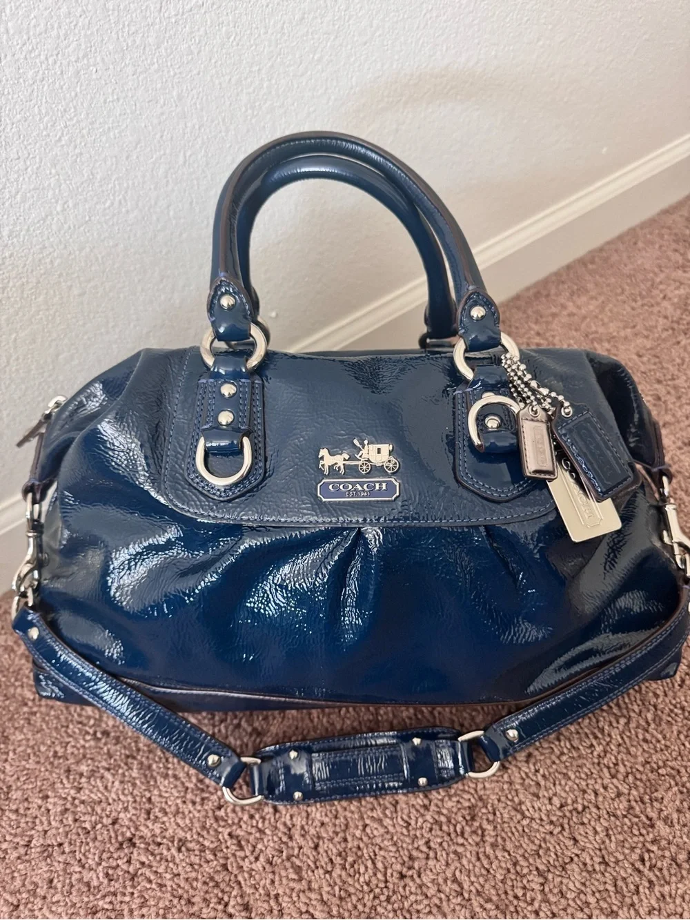 Coach PatentLeather BLUE Madison Satchel in Navy
